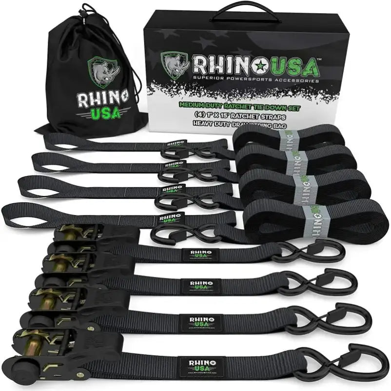 Rhino USA Medium Duty Ratchet Strap Tie-Down 4-Pack (Black) - Rhino USA