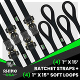 Rhino USA Medium Duty Ratchet Strap Tie-Down 4-Pack (Black) - Rhino USA