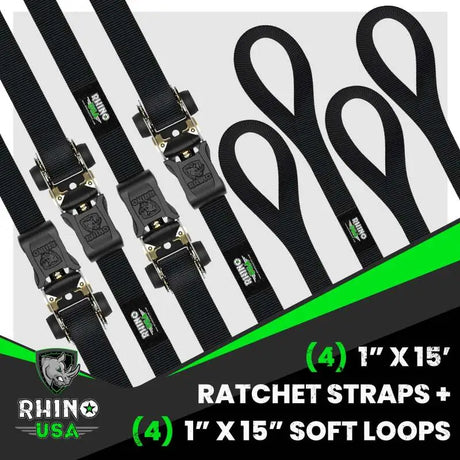 Rhino USA Medium Duty Ratchet Strap Tie-Down 4-Pack (Black) - Rhino USA