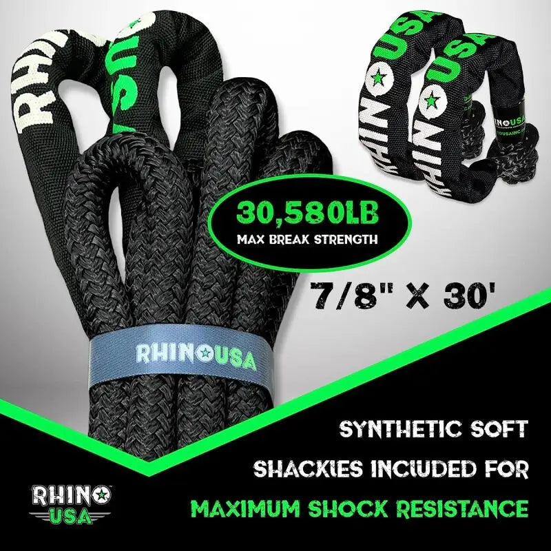 Rhino USA 7/8In X 30Ft Kinetic Rope Recovery Kit W/Soft Shackles (Black) - Rhino USA