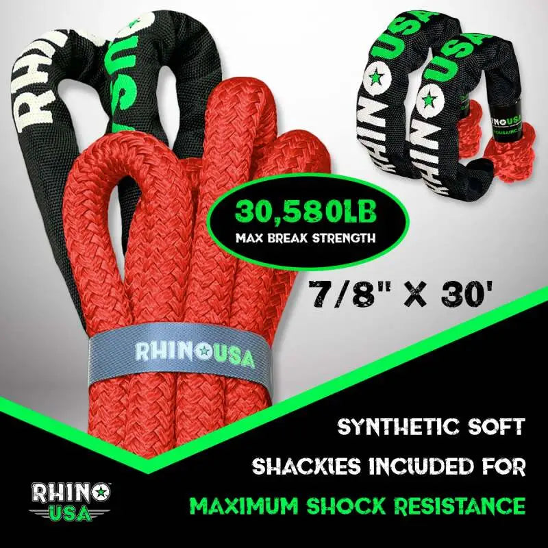 Rhino USA 7/8In X 30Ft Kinetic Rope Recovery Kit W/Soft Shackles (Red) - Rhino USA