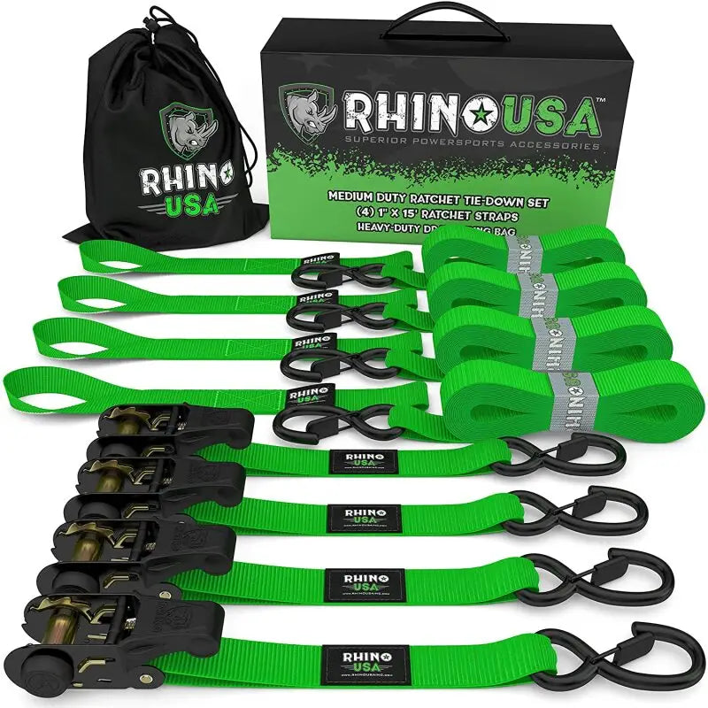 Rhino USA Medium Duty Ratchet Strap Tie-Down 4-Pack (Green) - Rhino USA