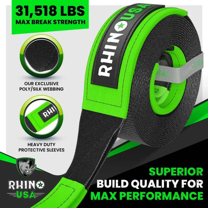 Rhino USA Recovery Tow Strap 3Inx30Ft (Black) - Rhino USA