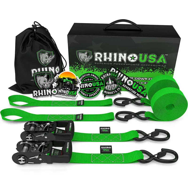 Rhino USA Heavy Duty Ratchet Tie-Downs 2-Pack (Green) 1.6In X 8Ft - Rhino USA