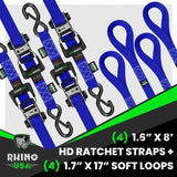 Rhino USA Heavy Duty Ratchet Tie-Down 4-Pack (Blue) 1.6In X 8Ft - Rhino USA