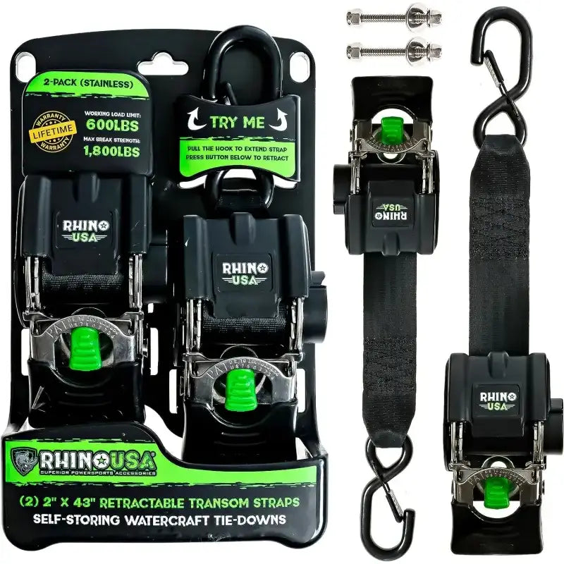 Rhino USA Retractable Transom Straps (2 Pack-Stainless) - Rhino USA