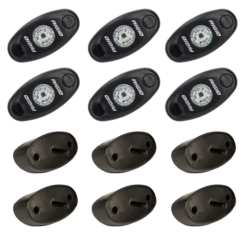 Rigid Industries Rock Light Kit- Cool White (6 lights), A-Series LED lighting, durable, custom leads, distribution block, switch, angled mounts, enhance night rock crawling, universal fit
