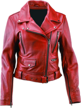 Red leather motorcycle jacket with zippers and belt from River Road Arabian Spice collection