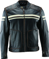 River Road Hoodlum vintage leather motorcycle jacket in black with cream racing stripes