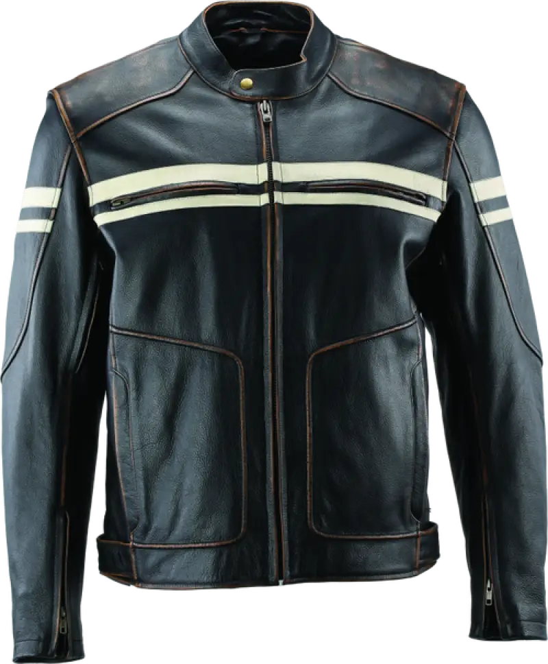 River Road Hoodlum vintage leather motorcycle jacket in black with cream racing stripes