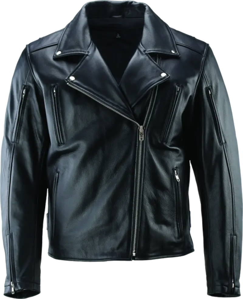 Black leather jacket with asymmetrical zipper from River Road Ironclad Classic collection