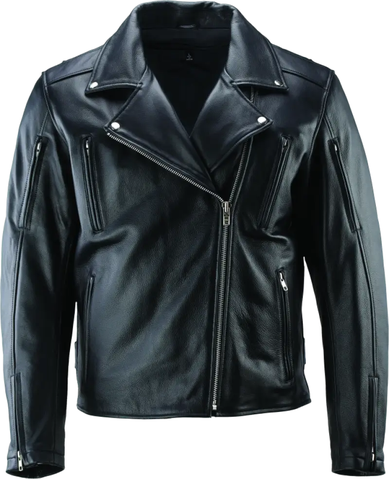 Black leather jacket with asymmetrical zipper and pockets, River Road Ironclad Classic style
