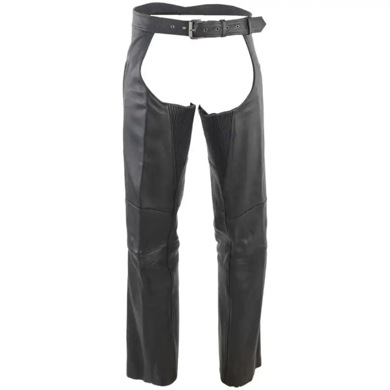 River Road Longhaul Black Leather Chaps with Buckle Closure for Road Longhaul Leather Fans