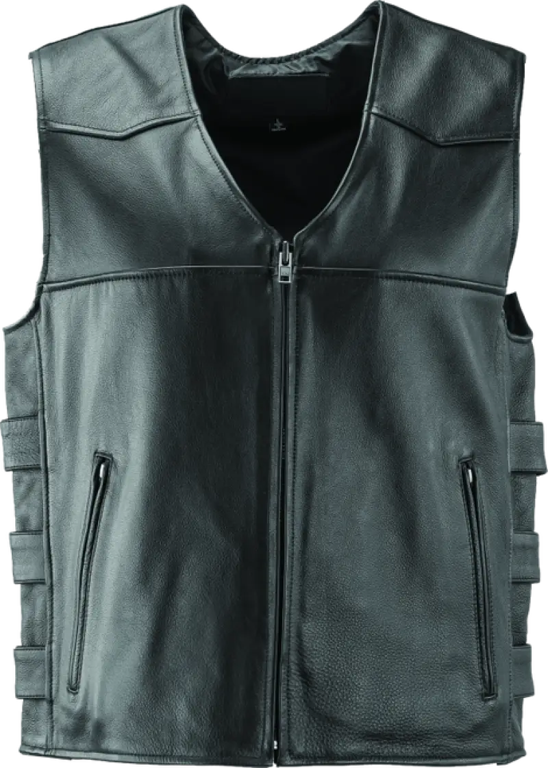 Black leather motorcycle vest from River Road Plains Leather collection in 4XL