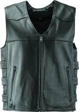 Men’s black leather motorcycle vest with front zipper and zip pockets from River Road Plains