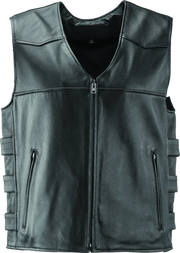 Men’s black leather motorcycle vest with front zipper and zip pockets from River Road Plains