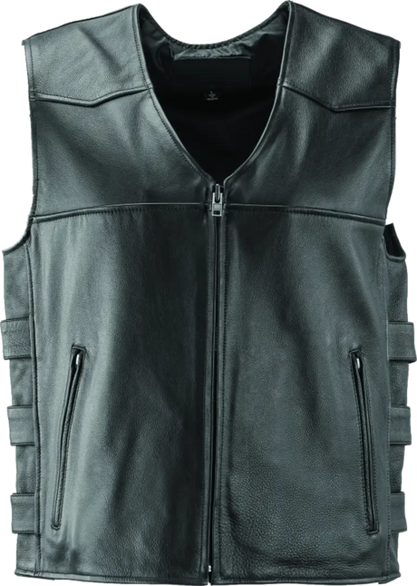 Men’s black leather motorcycle vest with front zipper and zip pockets from River Road Plains