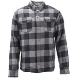 Gray and black plaid River Road Vise Flannel Moto shirt displayed in size small