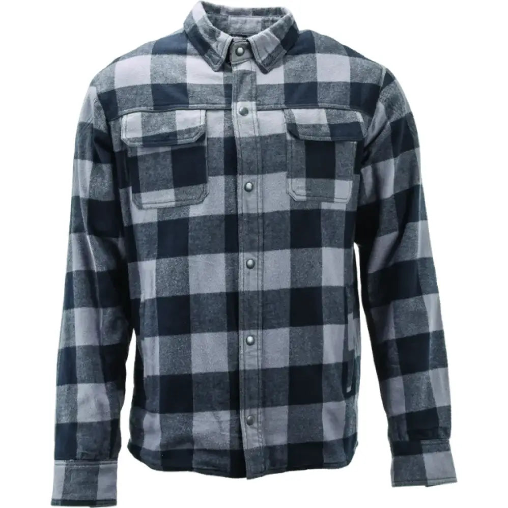 Black and gray plaid River Road Vise Flannel Moto Shirt on display