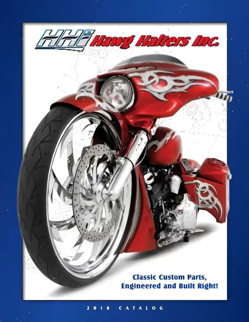Red custom motorcycle with chrome wheels and tribal flames, part of rkdgcc536 hawg halters kit