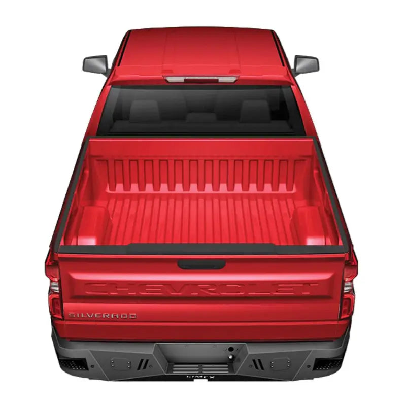 Red Chevrolet Silverado pickup truck with RLDB009TI Trailfx LD rear bumper for Chevy Silv 19 Ti