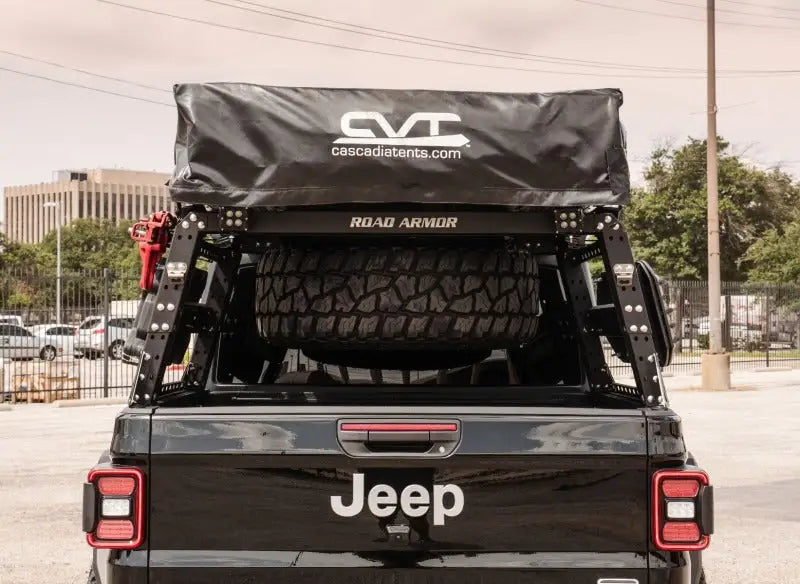 Road Armor black Jeep cargo cover with spare tire winch storage