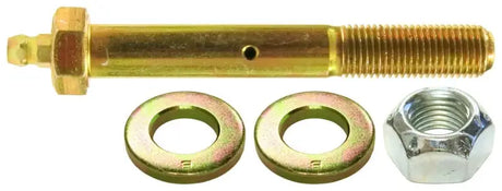 Gold-colored RockJock greaseable bolt with washers and nut for heavy-duty upgrades