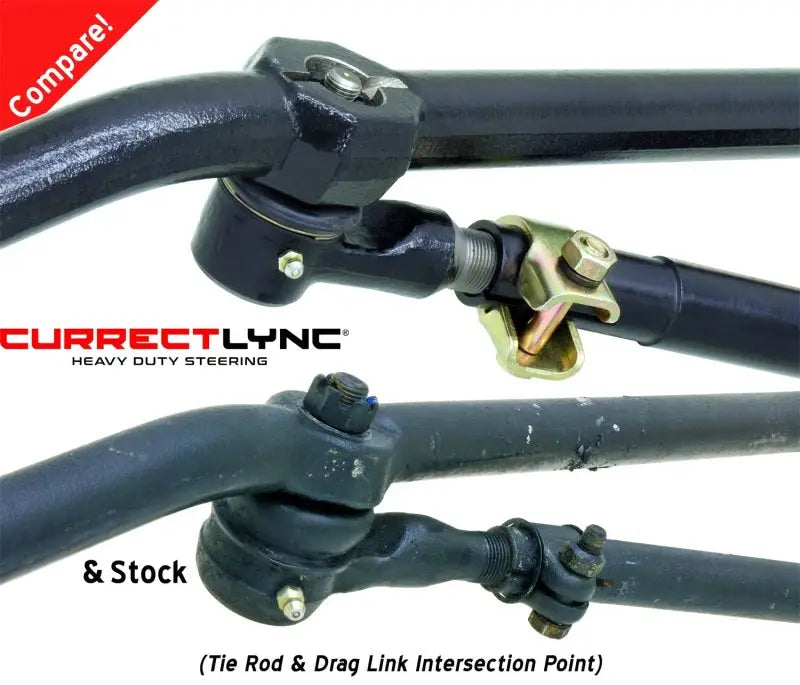 ROK Currectlync heavy duty steering kits comparison with stock, featuring tie rod and drag link intersection point.