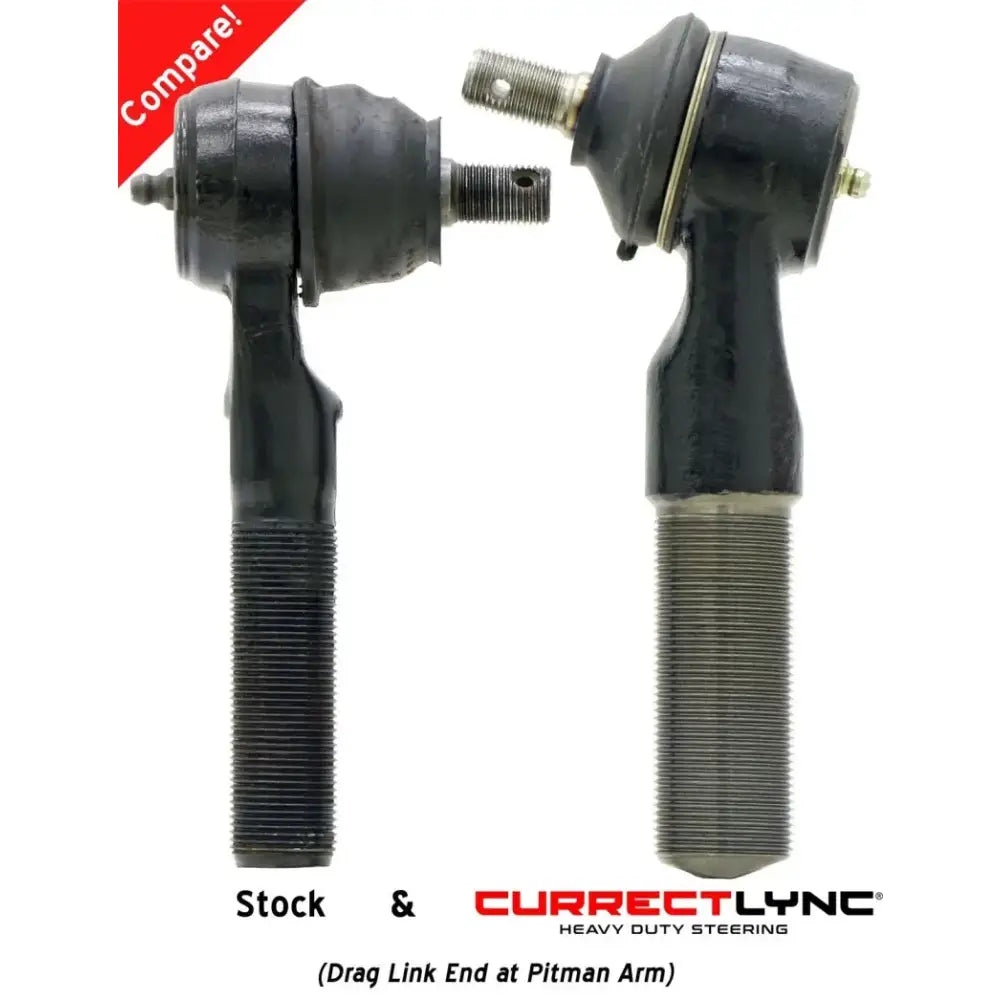 Comparing stock and ROK Currectlync heavy-duty steering kits (drag link end at Pitman arm).