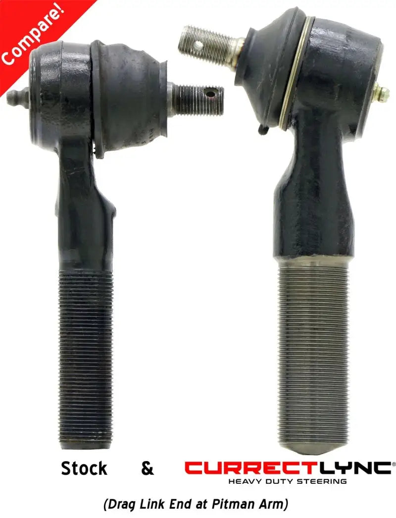Comparing stock and ROK Currectlync heavy-duty steering kits (drag link end at Pitman arm).
