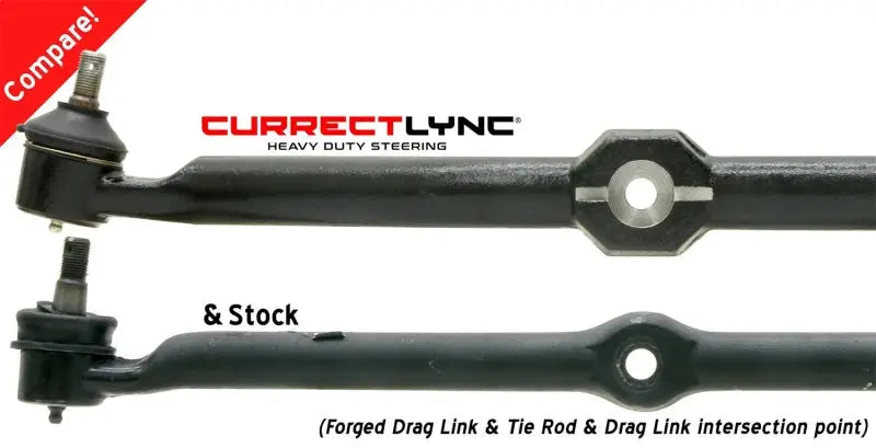 ROK Currectlync Steering Kits comparison with stock tie rod and forged drag link showing heavy-duty quality and intersection points.