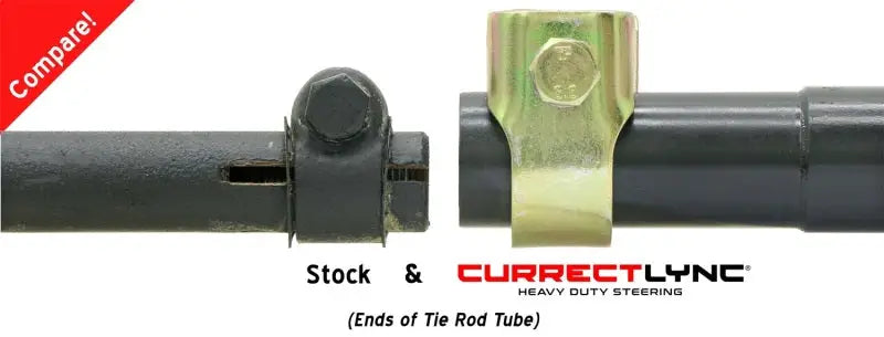 Comparison of stock tie rod tube end with ROK Currectlync heavy-duty steering tie rod tube end.