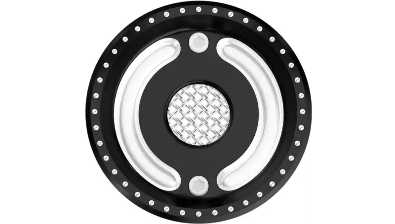 Black and silver contrast cut decorative countershaft pulley by Roland Sands Design