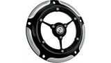 Black and silver motorcycle wheel cover.