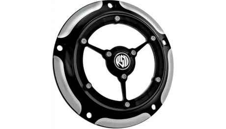 Black and silver motorcycle wheel cover.