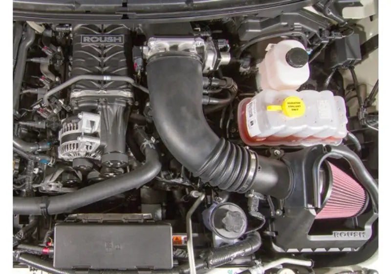 ROUSH 2011-2014 Ford F-150 6.2L V8 590HP Phase 2 Calibrated Supercharger Kit - 421432 installed in engine bay.