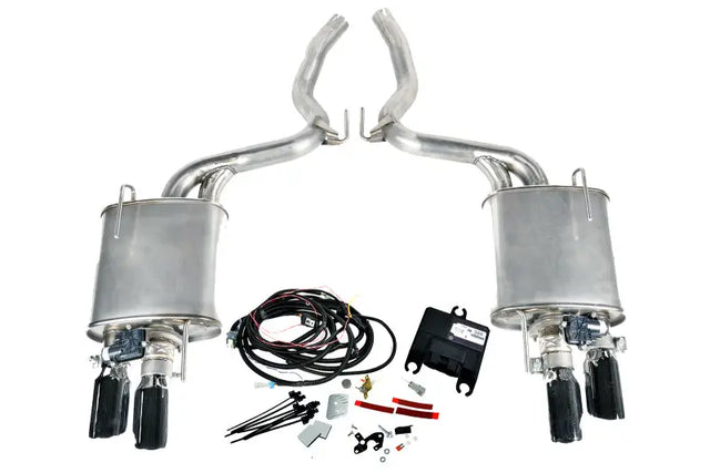 Complete active exhaust upgrade kit for Ford Mustang 2015-2017 with mufflers and wiring