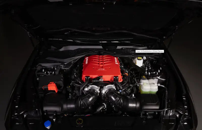 Red supercharger limited edition with exposed intake on Roush Mustang GT Dark Horse