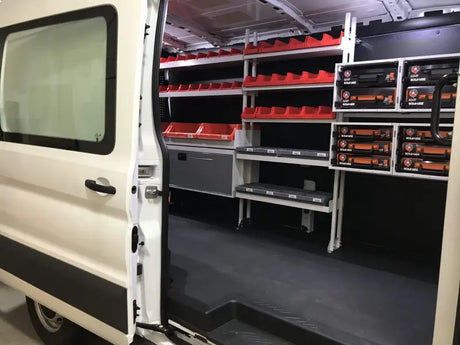 RP240 Rolacase Van Storage Plastic Bin in van showcasing durable construction and organized storage for tools and equipment, RV, Automotive, Powersports, off-road, marine, exterior, truck accessories, interior, truck bed, rv parts, AVADA - Best Sellers, Must Haves