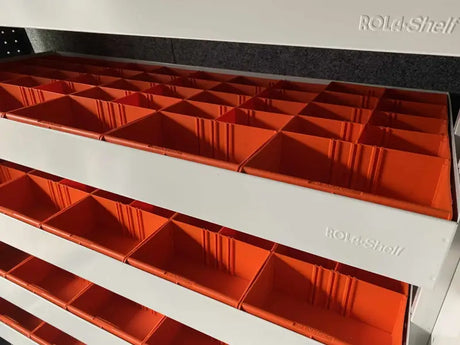 RP428 Rolacase Van Storage Plastic Bin with multiple orange compartments in a ROLA4Shelf van storage solution, ensuring organized, efficient, and secure tool storage.