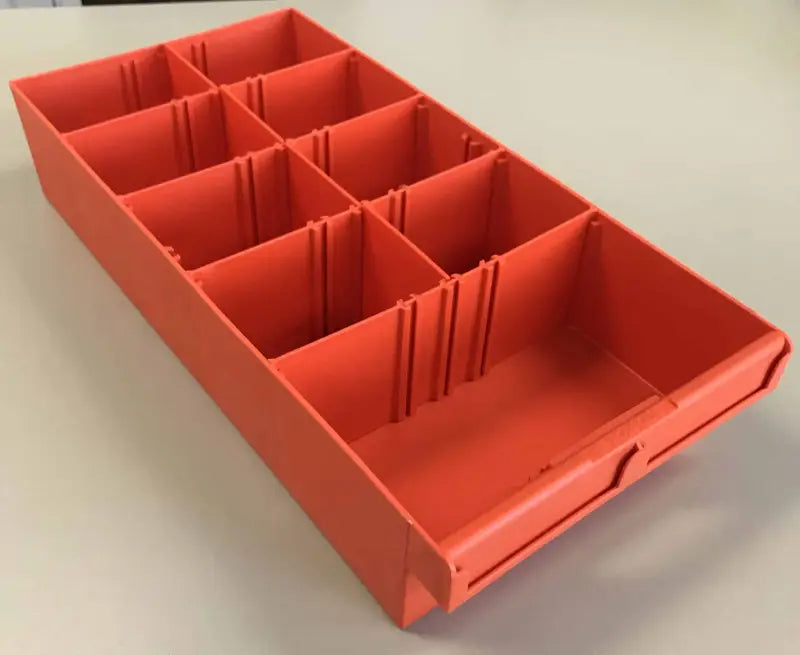 RP428 Rolacase Van Storage Plastic Bin, durable orange organizer with multiple compartments for efficient van tool and equipment storage.