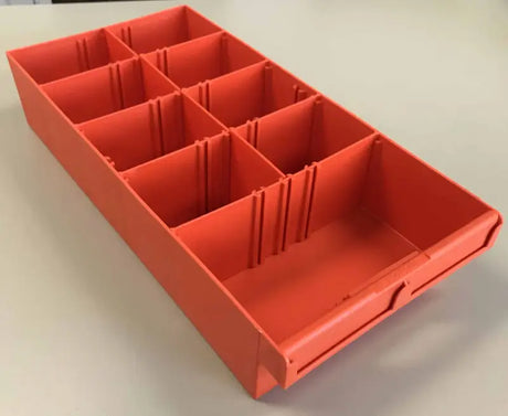 RP428 Rolacase Van Storage Plastic Bin, durable orange organizer with multiple compartments for efficient van tool and equipment storage.