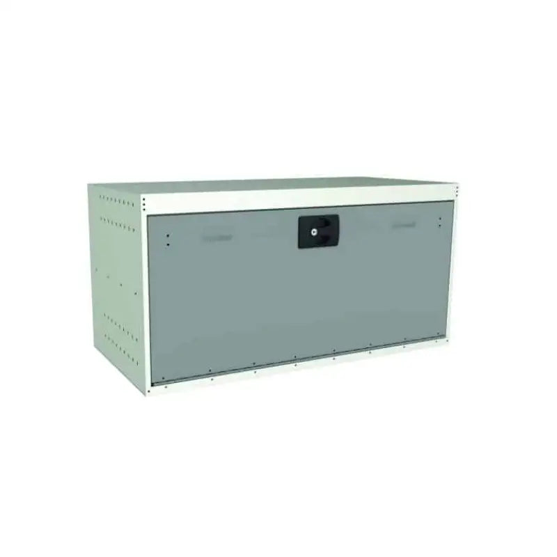 Gray metal lockable box on ROLACASE Van Shelving 8-Series for secure storage