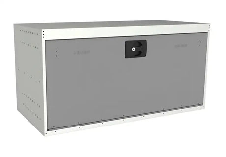 Gray metal van shelving lockable box with black handle for ROLACASE Van Shelving