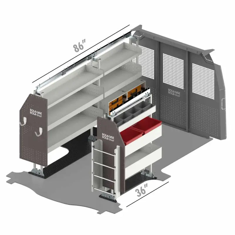Van shelving general bin package with dimensions for RSLRFGE- DR Rolacase Van Shelving