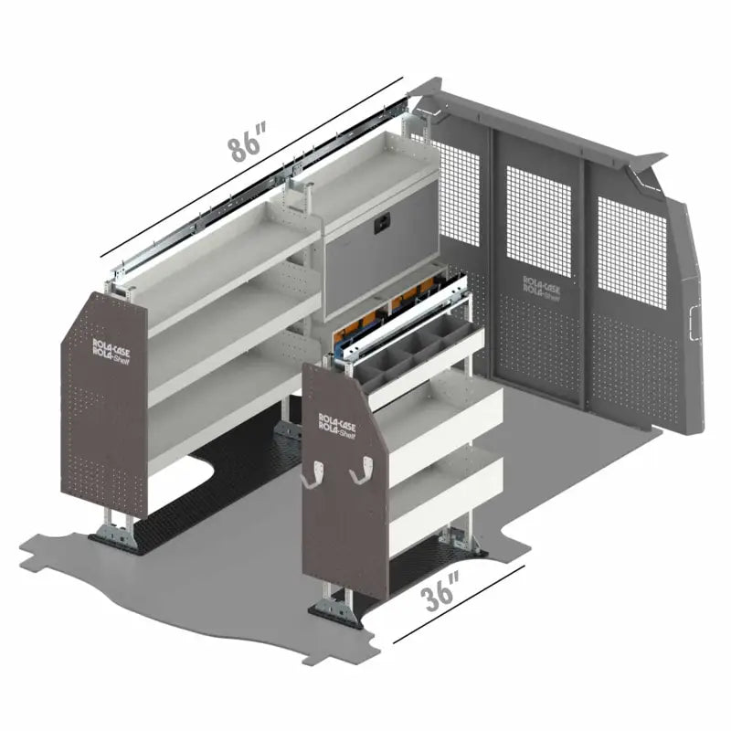 Van shelving general with rolacase van shelving and partition in bin package