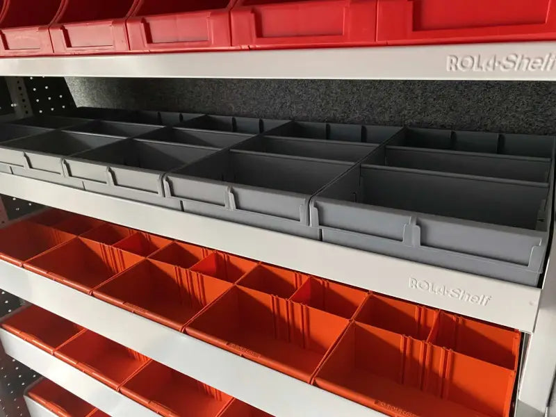 RSSHL/125 Rolacase Storage Shelf 12 Series Small with red and grey compartments for efficient organization.