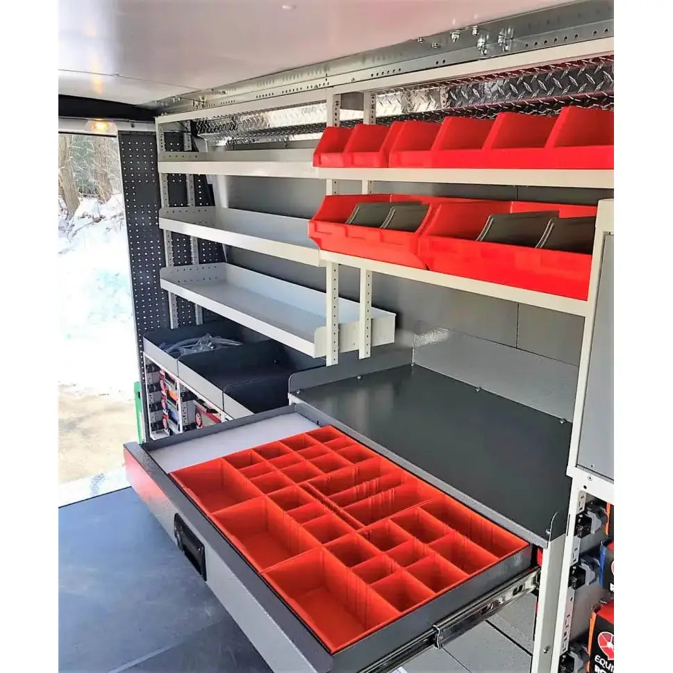 RSSHL/125 Rolacase Storage Shelf 12 Series Small, compact and sturdy storage solution with multiple red and white shelves and compartments, ideal for efficient organization in small spaces.
