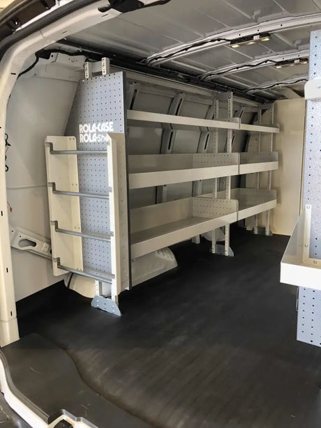 Van shelving system with RSSHL/126 Rolacase Storage Shelf 12 Series for easy storage