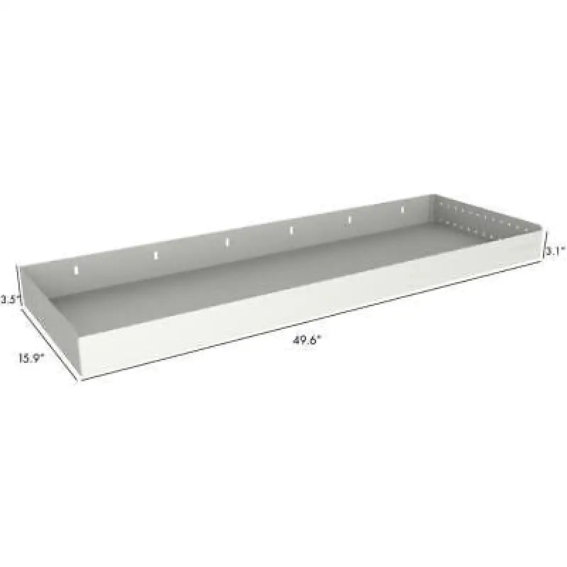 Rectangular white metal tray with dimensions on RSSHL/129 Rolacase Storage Shelf 12 Series
